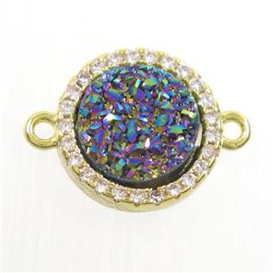 rainbow Druzy Quartz connector paved zircon, circle, gold plated, approx 11mm dia [GM10540]