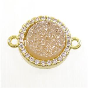 gold champagne Druzy Quartz connector paved zircon, circle, gold plated, approx 11mm dia [GM10541]