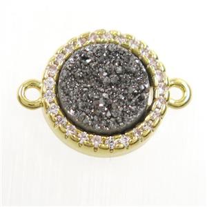 silver Druzy Quartz connector paved zircon, circle, gold plated, approx 11mm dia [GM10542]