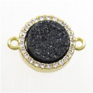 black Druzy Quartz connector paved zircon, circle, gold plated, approx 11mm dia [GM10543]