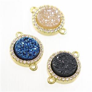 mixed color Druzy Quartz connector paved zircon, circle, gold plated, approx 11mm dia [GM10545]