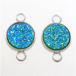 aqua Druzy Resin connector, circle, platinum plated, approx 8mm dia [GM10571]