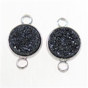 black Druzy Resin connector, circle, platinum plated, approx 8mm dia [GM10576]