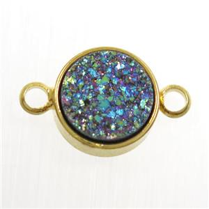 rainbow Druzy Resin connector, circle, gold plated, approx 8mm dia [GM10578]