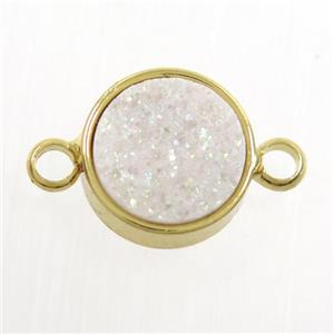 white AB-color Druzy Resin connector, circle, gold plated, approx 8mm dia [GM10582]