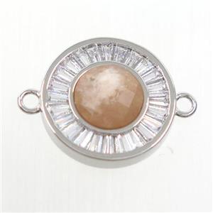 MoonStone circle connector pave zircon, brass, platinum plated, approx 8mm, 16mm dia [GM10585]