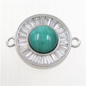 green Malachite circle connector pave zircon, brass, platinum plated, approx 8mm, 16mm dia [GM10586]