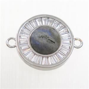 Labradorite circle connector pave zircon, brass, platinum plated, approx 8mm, 16mm dia [GM10587]