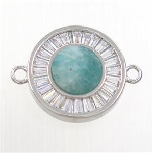 green Amazonite circle connector pave zircon, brass, platinum plated, approx 8mm, 16mm dia [GM10588]