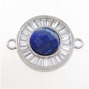 blue Lapis circle connector pave zircon, brass, platinum plated, approx 8mm, 16mm dia [GM10589]