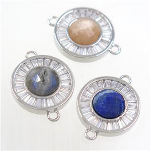 mixed gemstone circle connector pave zircon, brass, platinum plated, approx 8mm, 16mm dia [GM10590]