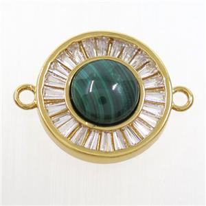green Malachite circle connector pave zircon, brass, gold plated, approx 8mm, 16mm dia [GM10591]