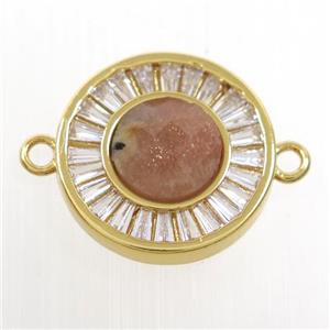 peach MoonStone circle connector pave zircon, brass, gold plated, approx 8mm, 16mm dia [GM10592]