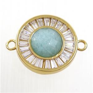 green Amazonite circle connector pave zircon, brass, gold plated, approx 8mm, 16mm dia [GM10593]