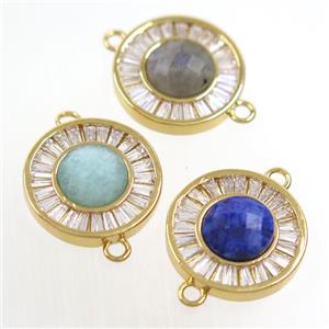 mixed gemstone circle connector pave zircon, brass, gold plated, approx 8mm, 16mm dia [GM10596]