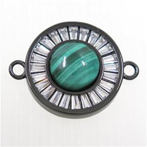 green Malachite circle connector pave zircon, brass, black plated, approx 8mm, 16mm dia [GM10597]