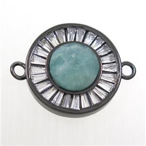 green Amazonite circle connector pave zircon, brass, black plated, approx 8mm, 16mm dia [GM10601]