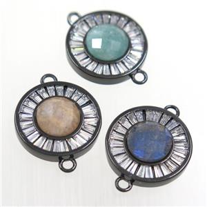 mixed gemstone circle connector pave zircon, brass, black plated, approx 8mm, 16mm dia [GM10602]