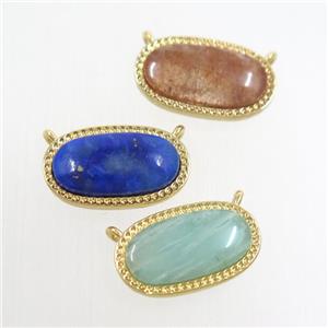 mixed gemstone oval pendant with 2loops, brass, gold plated, approx 10-17mm [GM10608]