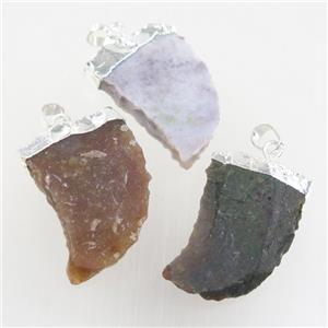 hammered Rock Agate horn pendant, silver plated, approx 20-40mm [GM10623]