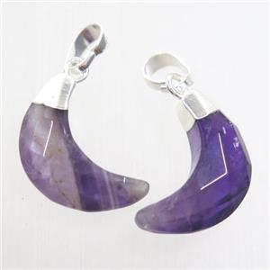 purple Amethyst crescent pendant, faceted moon, silver plated, approx 8-18mm [GM10633]