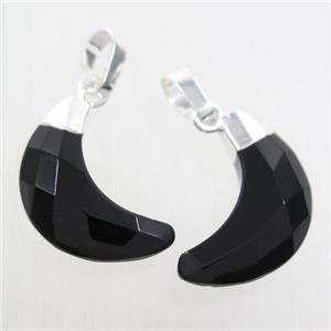 black Onyx Agate crescent pendant, faceted moon, silver plated, approx 8-18mm [GM10635]