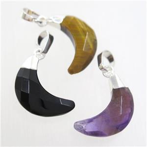 mixed gemstone crescent pendant, faceted moon, silver plated, approx 8-18mm [GM10636]