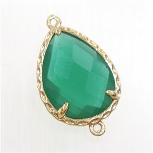 green glass connector, faceted teardrop, gold plated, approx 14x18mm [GM10663]