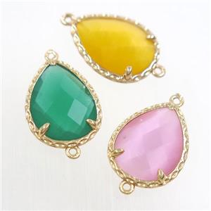 mix color glass connector, faceted teardrop, gold plated, approx 14x18mm [GM10670]