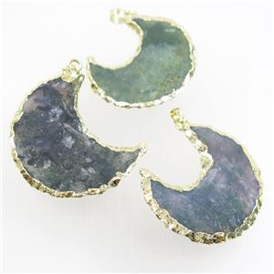 hammered natural Rock Agate crescent moon pendant, gold palted, approx 40mm [GM10740]
