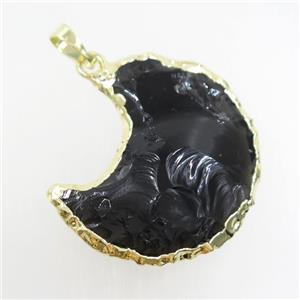 hammered black Obsidian crescent moon pendant, gold plated, approx 30mm [GM10742]