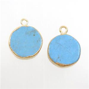 blue Turquoise circle pendant, gold plated, approx 14mm dia [GM10745]