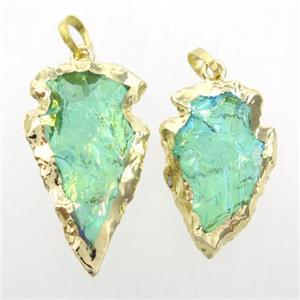 hammered clear quartz arrowhead pendant, green ab color, gold plated, approx 15-30mm [GM10785]