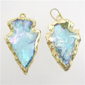 hammered clear quartz arrowhead pendant, blue ab color, gold plated, approx 15-30mm [GM10786]