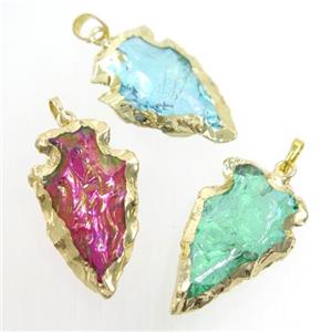 hammered clear quartz arrowhead pendant, mix ab color, gold plated, approx 15-30mm [GM10787]