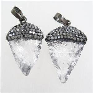 hammered Clear Quartz arrowhead pendant paved rhinestone, approx 15-30mm [GM10788]
