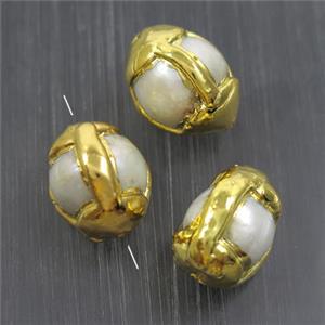 white freshwater Pearl beads, round, gold plated, approx 13-18mm [GM10796]