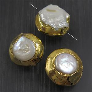 white baroque style Pearl beads, coin, gold plated, approx 23mm dia [GM10800]