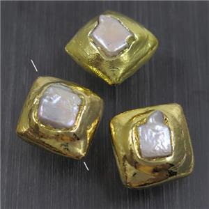 white baroque style Pearl beads, rhombic, gold plated, approx 20-25mm [GM10801]