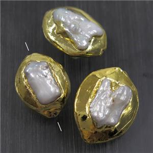 white baroque style Pearl beads, freeform, gold plated, approx 20-30mm [GM10807]