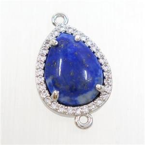 blue Lapis Lazuli teardrop connector pave zircon, platinum plated, approx 13-17mm [GM10875]