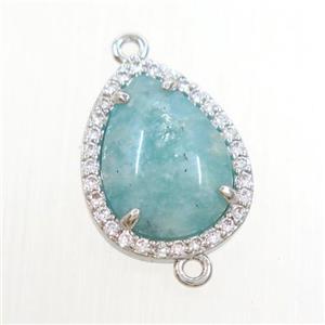green Amazonite teardrop connector pave zircon, platinum plated, approx 13-17mm [GM10877]