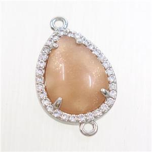 peach MoonStone teardrop connector pave zircon, platinum plated, approx 13-17mm [GM10878]
