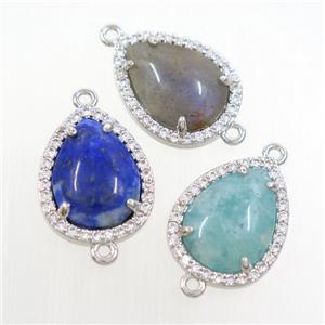 mix gemstone teardrop connector pave zircon, platinum plated, approx 13-17mm [GM10879]