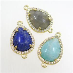 mix gemstone teardrop connector pave zircon, gold plated, approx 13-17mm [GM10884]