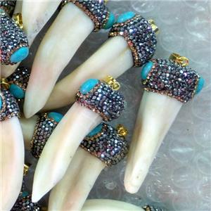 wolftooth pendant paved rhinestone with blue turquoise, horn, approx 15-60mm [GM10982]