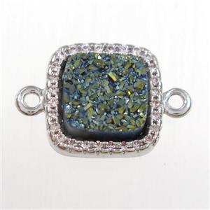 green druzy quartz square connector pave zircon, platinum plated, approx 12x12mm [GM11093]