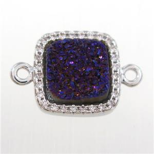 purple druzy quartz square connector pave zircon, platinum plated, approx 12x12mm [GM11095]