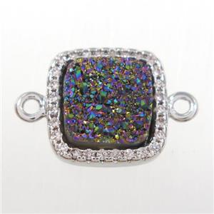rainbow druzy quartz square connector pave zircon, platinum plated, approx 12x12mm [GM11096]