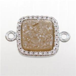 champagne druzy quartz square connector pave zircon, platinum plated, approx 12x12mm [GM11097]